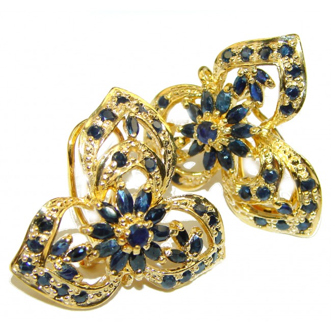 Exotic Blue Flowers Sapphire 14K Gold over .925 Sterling Silver handcrafted earrings