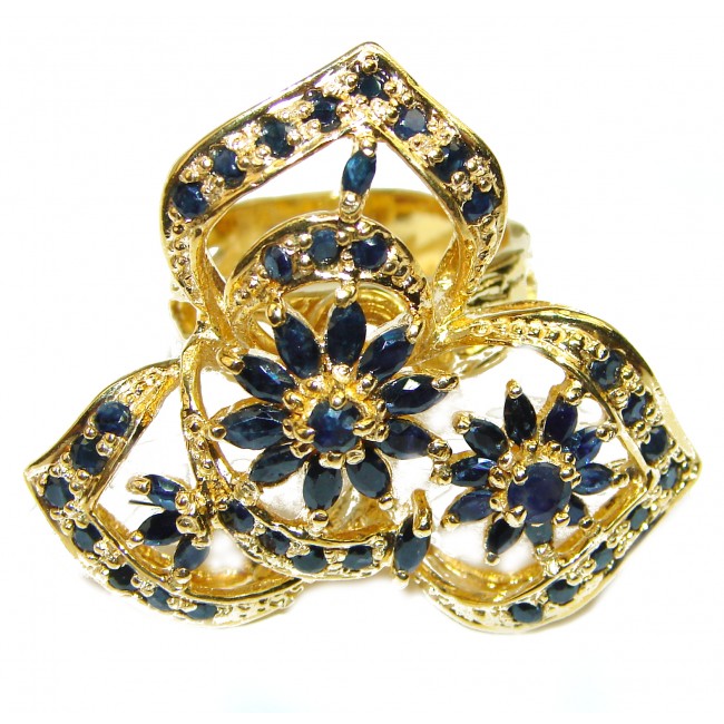 Exotic Blue Flowers Sapphire 14K Gold over .925 Sterling Silver handcrafted Statement Ring size 8