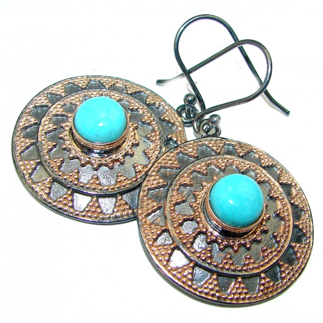 Precious Blue Turquoise 2 tones .925 Sterling Silver handmade earrings