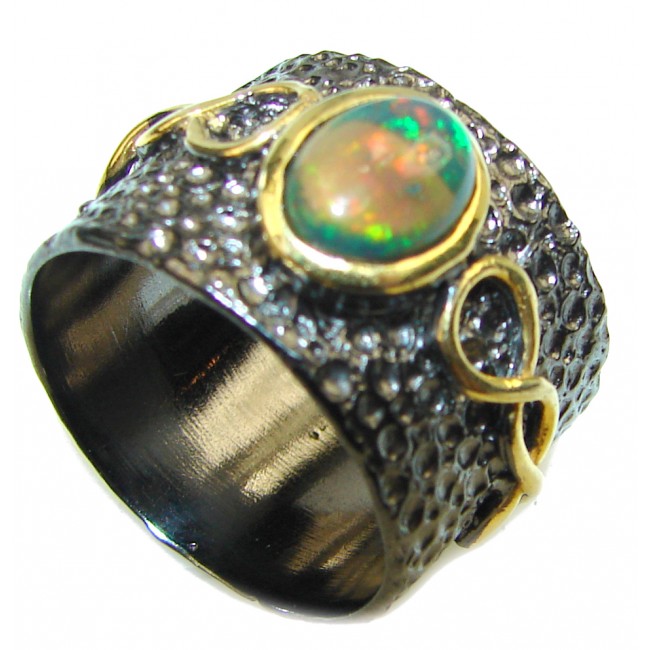 Vintage Design 7.2ctw Genuine Ethiopian Opal black rhodium over .925 Sterling Silver handmade Ring size 8