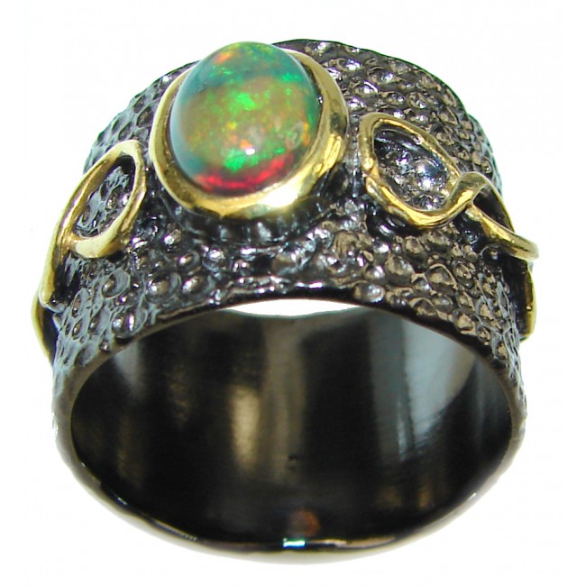 Vintage Design 7.2ctw Genuine Ethiopian Opal black rhodium over .925 Sterling Silver handmade Ring size 8