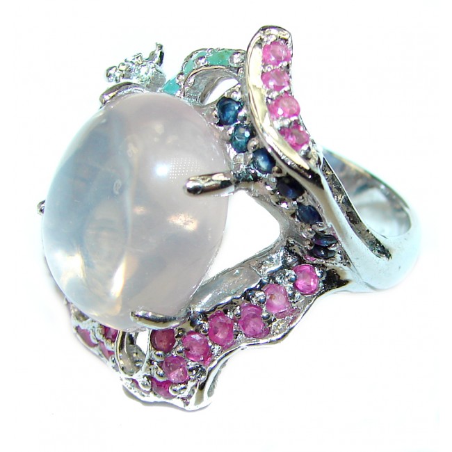 Large 22.2 carat Rose Quartz .925 Sterling Silver brilliantly handcrafted ring s. 9