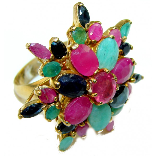 Massive Ruby Sapphire Emerald 14K Gold over .925 Sterling Silver Ring size 9