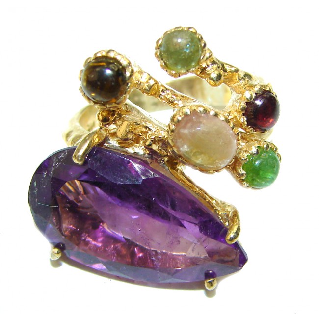 Authentic Amethyst Tourmaline 14K Gold over .925 Sterling Silver Handcrafted Ring size 8 1/2