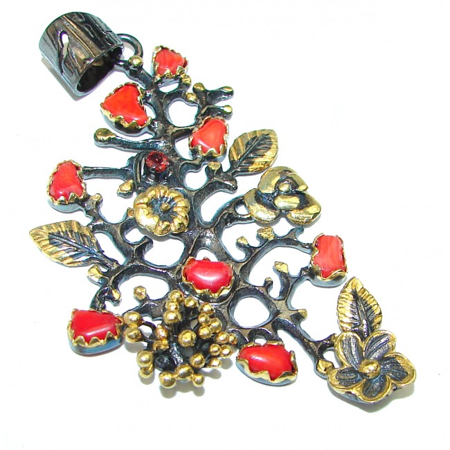 Huge Red Fossilized Coral 2 tones .925 Sterling Silver pendant brooch