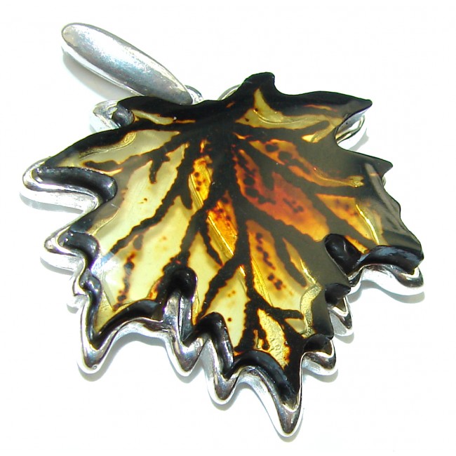 Golden Leaf natural carved Baltic Amber .925 Sterling Silver handmade Pendant