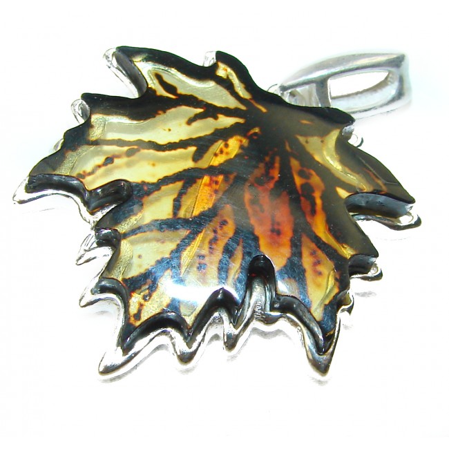 Golden Leaf natural carved Baltic Amber .925 Sterling Silver handmade Pendant