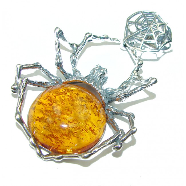 Golden Spider Baltic Polish Amber .925 Sterling Silver Pendant / Brooch