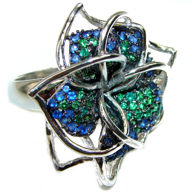 Beautiful Flower Chrome Diopside Sapphire .925 Sterling Silver Ring size 8