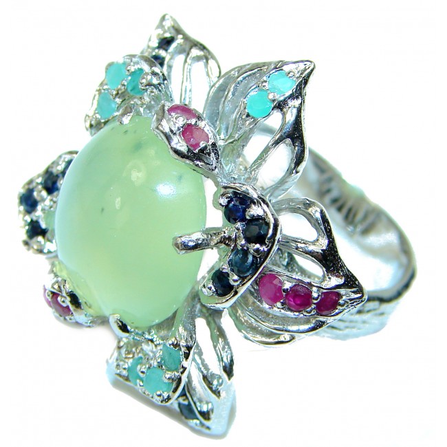Green Blooning Flower Natural Prehnite .925 Sterling Silver handmade ring s. 8 3/4