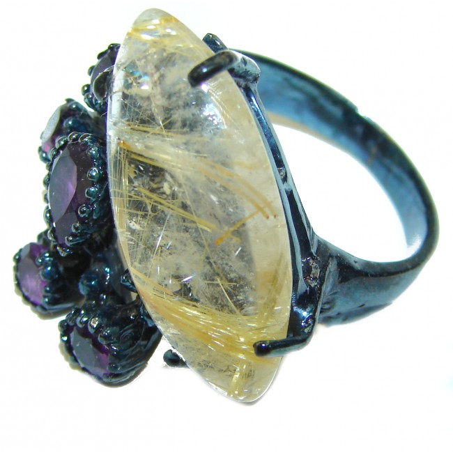 Large Best quality Golden Rutilated Quartz black rhodium over .925 Sterling Silver handcrafted Ring Size 9