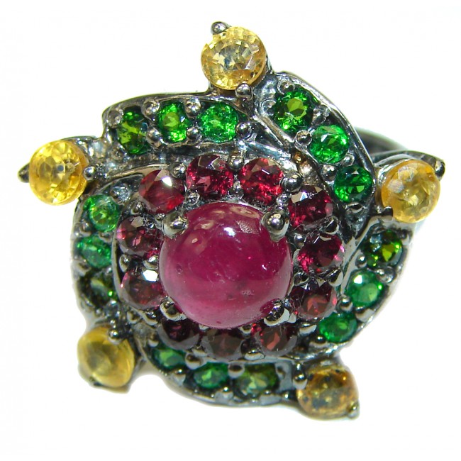Floral design Authentic Ruby black rhodium over.925 Sterling Silver handmade Ring size 6