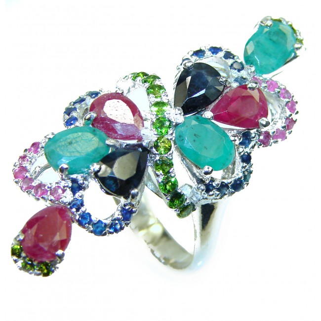 Massive Ruby Sapphire Emerald .925 Sterling Silver Ring size 9 3/4