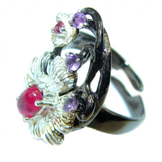 Floral design Authentic Ruby black rhodium over.925 Sterling Silver handmade Ring size 7 adjustable