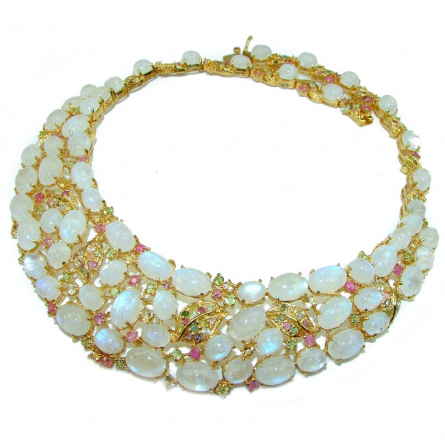 Spectacular Light Reflecting Fire Moonstone 14K Gold over .925 Sterling Silver handcrafted necklace