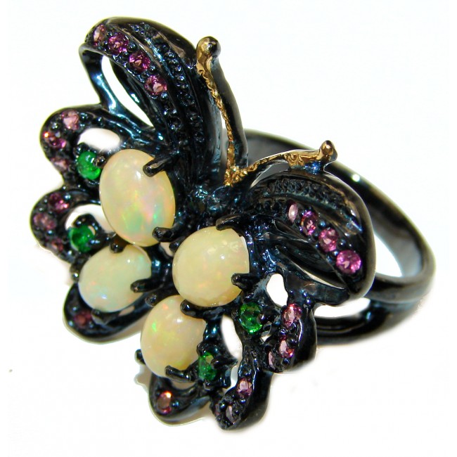 Vintage Style Butterfly Ethiopian Opal black rhodium over .925 Sterling Silver handmade ring s. 9