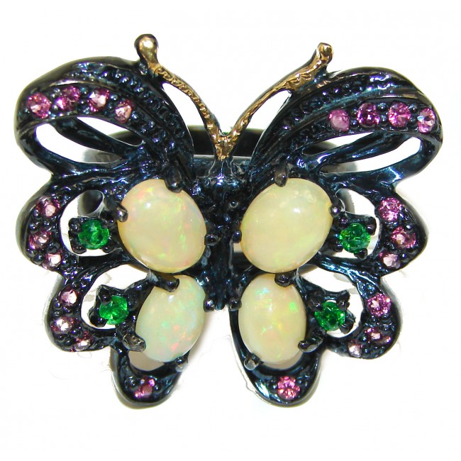 Vintage Style Butterfly Ethiopian Opal black rhodium over .925 Sterling Silver handmade ring s. 9