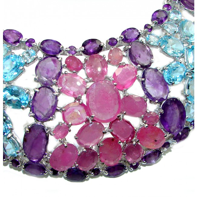 206.8 grams Marie Antoinette's Style Natural multi color Gems .925 Sterling Silver handmade Necklace