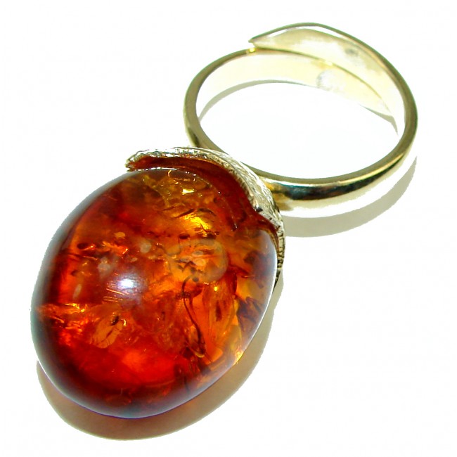 Large Authentic Baltic Amber .925 Sterling Silver handcrafted ring; s. 8 adjustable