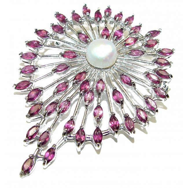 Classy Beauty genuine Pearl Garnet .925 Sterling Silver handmade Pendant - Brooch