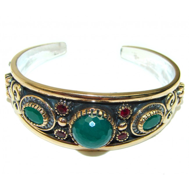 Victorian Style Created Emerald & White Topaz copper covered Sterling Silver Bracelet / Cuff