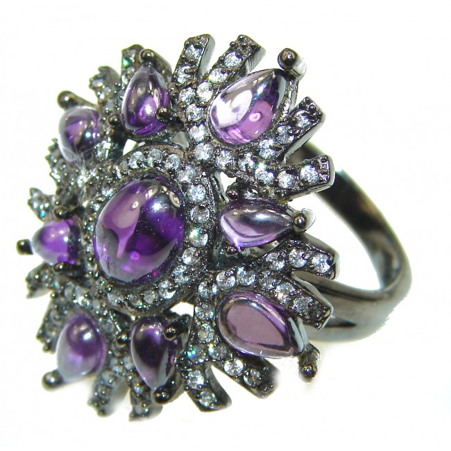 Spectacular genuine Amethyst black rhodium over .925 Sterling Silver Handcrafted Ring size 8