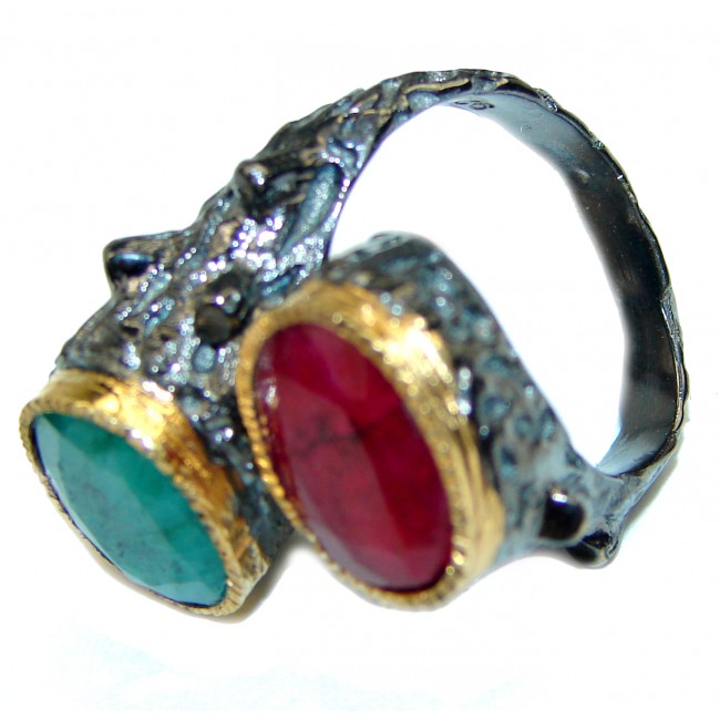 Great quality unique Ruby Emerald black rhodium over .925 Sterling Silver handcrafted Ring size 6