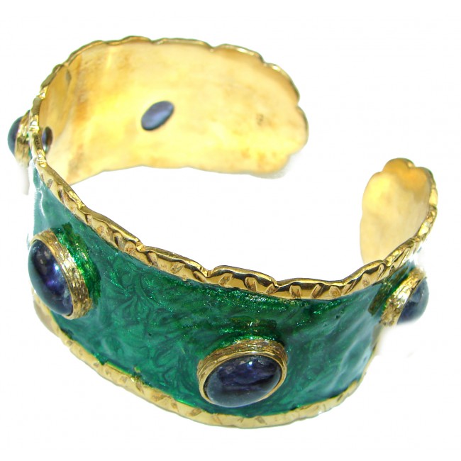Green Enamel Royalty African Tanzanite 14K Gold over .925 Sterling Silver handcrafted Bracelet cuff