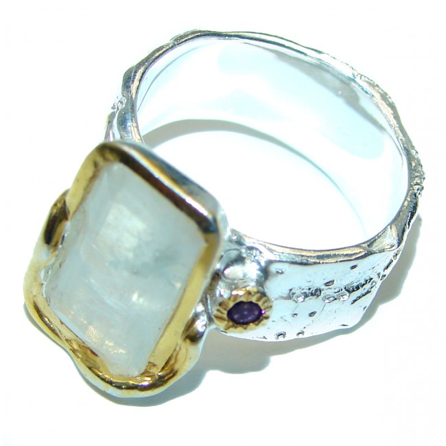 Best quality Genuine Fire Moonstone 2 tones .925 Sterling Silver handcrafted ring size 8 1/4