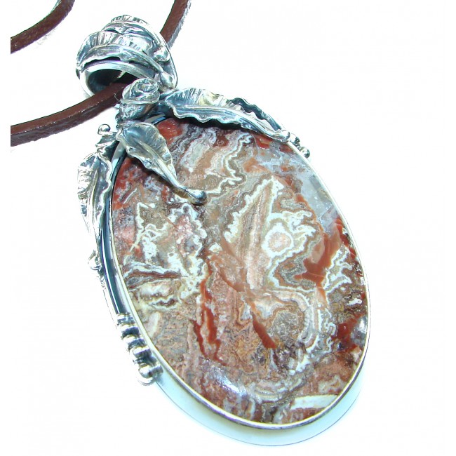 Handmade-superior quality- 63.5 grams Natural Crazy Lace Agate .925 925 Silver Stingray Leather Necklace