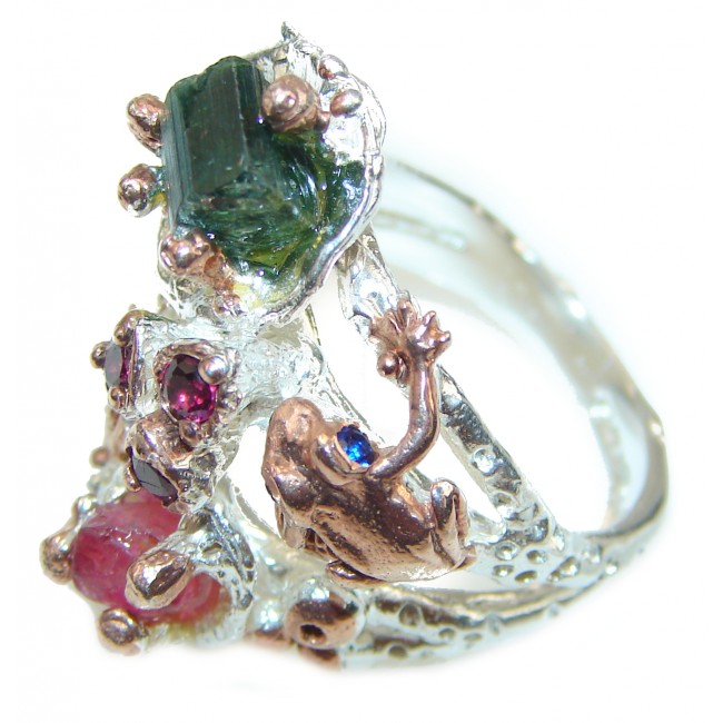 Authentic Rough Tourmaline over 2 tones .925 Sterling Silver Ring size 7 1/4