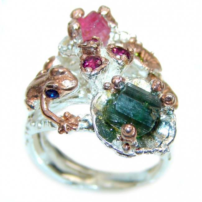 Authentic Rough Tourmaline over 2 tones .925 Sterling Silver Ring size 7 1/4