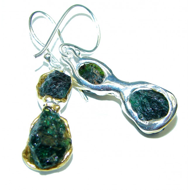 Authentic Rough Tourmaline 2 tones .925 Sterling Silver handcrafted earrings