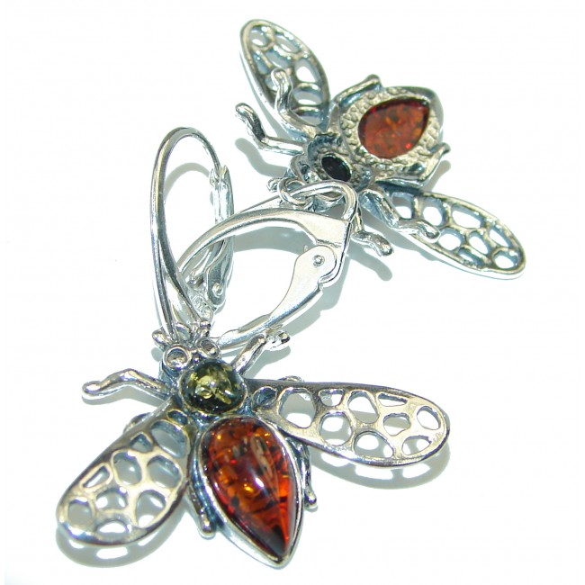Wonderful Bees Baltic Mosaic Amber .925 Sterling Silver entirely handcrafted earrings