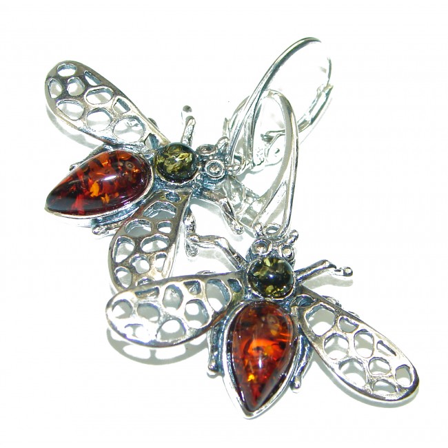 Wonderful Bees Baltic Mosaic Amber .925 Sterling Silver entirely handcrafted earrings