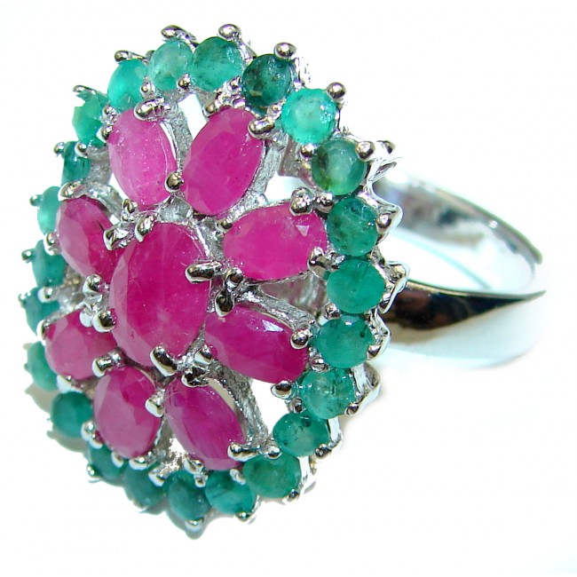 Unique Ruby Emerald .925 Sterling Silver handcrafted Cocktail Ring size 8 1/4