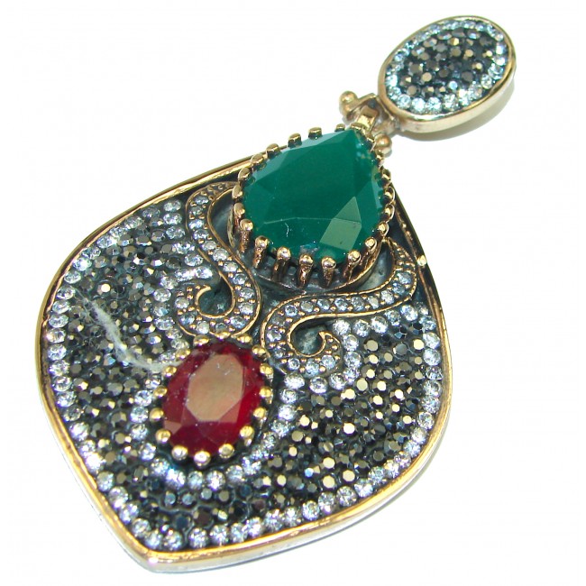 Precious created Emerald Ruby .925 Sterling Silver handmade Pendant