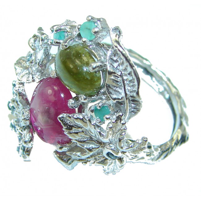 Scarlet Starlight Authentic Star Ruby Green Tourmaline .925 Sterling Silver Ring size 8