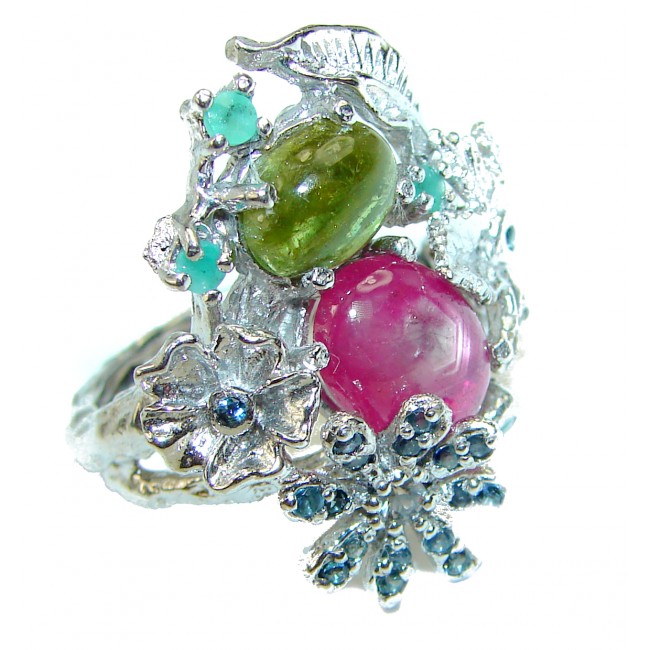 Scarlet Starlight Authentic Star Ruby Green Tourmaline .925 Sterling Silver Ring size 8