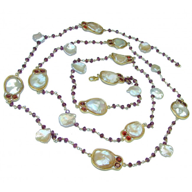 Long 44 inches genuine Mother of Pearl Garnet 14 Gold over .925 Sterling Silver handcrafted Necklace