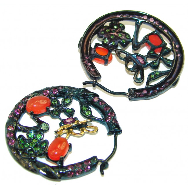 Earth Treasure Mexican Fire Opal black rhodium over .925 Sterling Silver handcrafted statement earrings