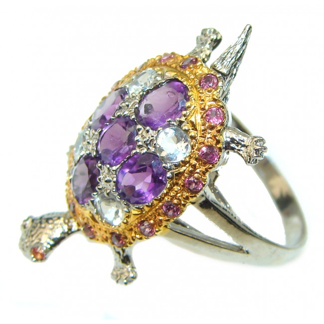 Good health and Long life Turtle 18ctw Genuine Amethyst 14K Gold over .925 Sterling Silver handmade Ring size 8 1/4