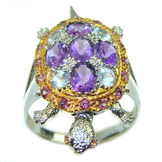 Good health and Long life Turtle 18ctw Genuine Amethyst 14K Gold over .925 Sterling Silver handmade Ring size 8 1/4