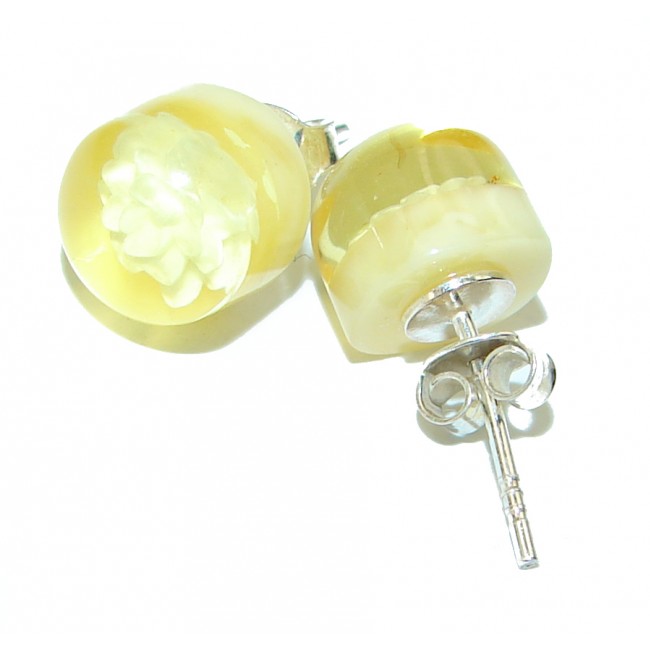 Butterscotch carved Roses Baltic Polish Amber .925 Sterling Silver earrings