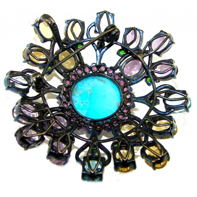 Spectacular genuine Turquoise black rhodium over .925 Sterling Silver handmade Pendant Brooch