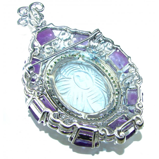 Magic carved White Topaz Amethyst .925 Sterling Silver Pendant/ Brooch