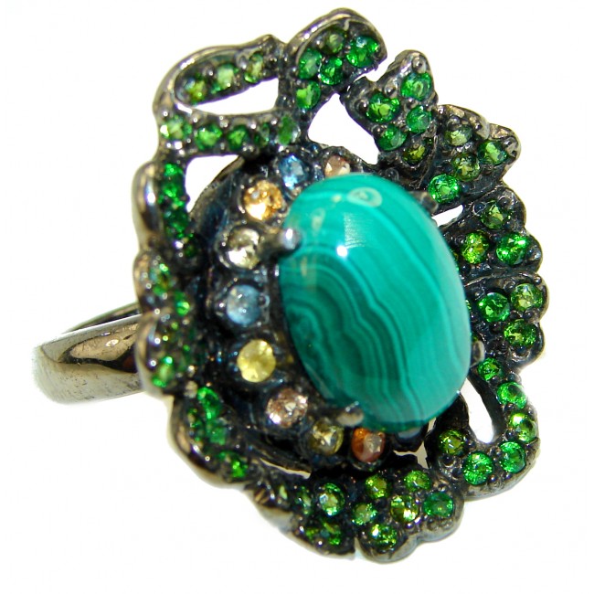 Green Beauty Malachite black rhodium over .925 Sterling Silver handcrafted ring size 8