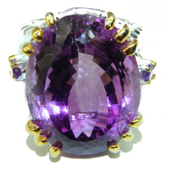 Large Genuine Amethyst 2 tones .925 Sterling Silver Handcrafted Ring size 6