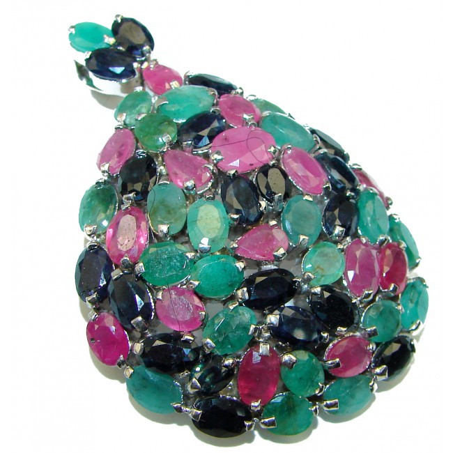 Precious Treasure Emerald Sapphire Ruby .925 Sterling Silver handmade Pendant - Brooch