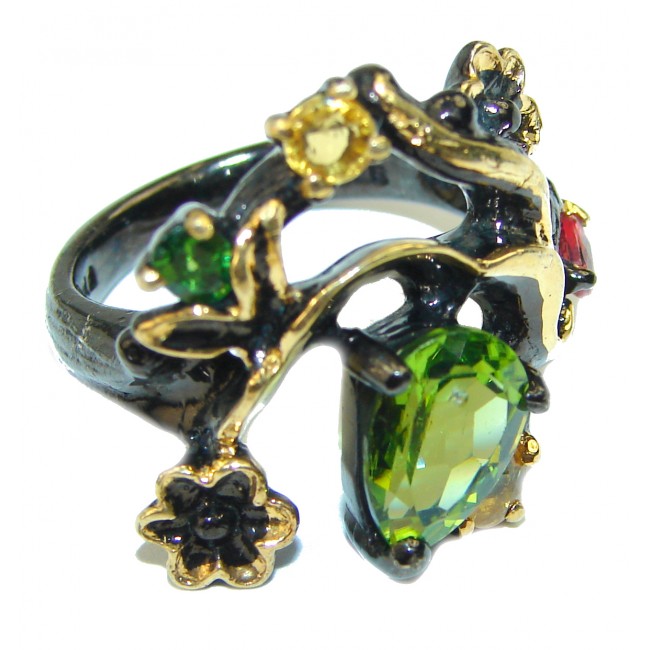 Green Power Peridot 2 tones .925 Sterling Silver ring s. 8